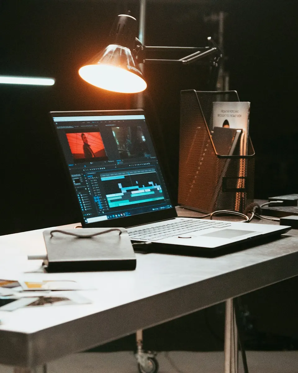 A laptop running editing software on a studio desk under a lamp.